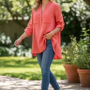 Democracy 3X Plus Coral Button-Front Long Sleeve Blouse Long Loose Pink Casual